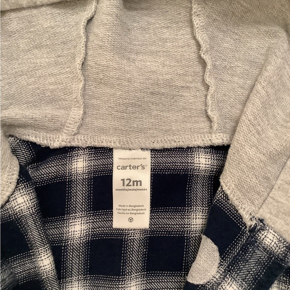 Carter’s Flannel shirt with Knit Hood, Size 12 Month - Picture 3 of 5